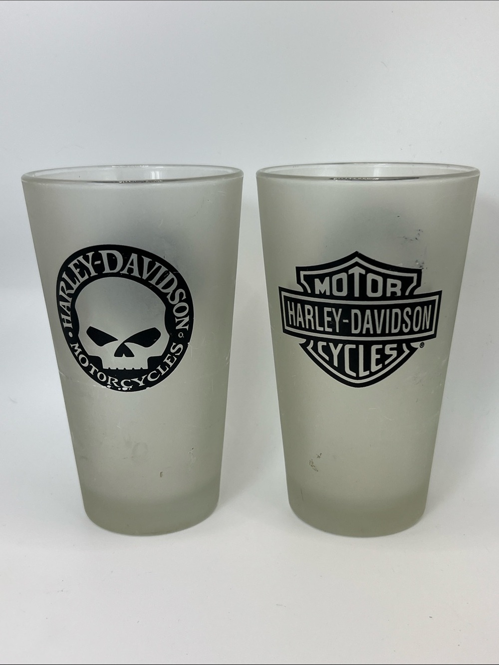 Harley-Davidson Frosted White Pint Glasses with Black Logos - Set of 2